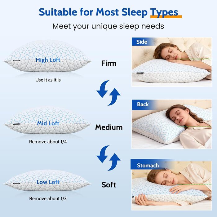 Подушка JINXIA з регульованою висотою 76 x 51 см (комплект з 2 шт.), гіпоалергенна велика подушка для сну з наповнювачем з мікрофібри, дихаюча подушка з подрібненого пінополіуретану з ефектом пам&39яті для всіх сплячих