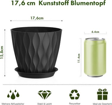 Квітковий горщик 17,6 см, набір із 5 товстих пластикових горщиків для рослин з блюдцями та дренажними отворами, кашпо з 3D хвилеподібною текстурою для рослин-зміїків, рослин-павуків та кімнатних/вуличних рослин, чорний, Ø 17,6 см, 5 шт. у упаковці