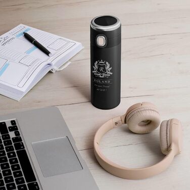 Пляшка для води Maverton з гравіюванням 400 мл - Герметична 100 водонепроникна термокружка - Сенсорний світлодіодний дисплей - Термос з нержавіючої сталі - Для чоловіків - Подарунки на день народження - Різдвяні подарунки - Чорна - Літера