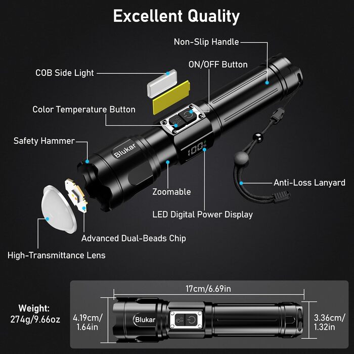 Світлодіодний ліхтарик Blukar з 2 колірними температурами, основним світлом та боковим COB-світлом, акумуляторний, надзвичайно яскравий, плавно регульований, ручний ліхтарик із можливістю масштабування, 7 режимів, водонепроникний для надзвичайних ситуацій