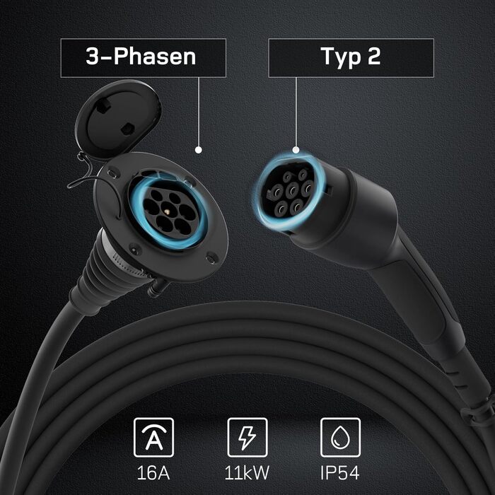 Подовжувач типу 2 10 м, 11 кВт, 16 А 3-фазний зарядний кабель 400 В, клас захисту IP54, сумісний з усіма електромобілями та високопродуктивними електромобілями стандарту IEC62196-2, з футляром для перенесення 11 кВт 10 м