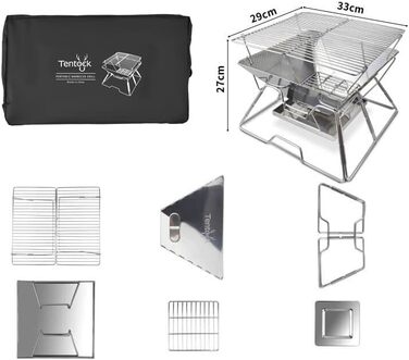 Портативний гриль на деревному вугіллі Tentock, гриль для пікніка, кемпінговий складаний гриль, нержавіюча сталь, відкритий плоский гриль для барбекю, вітрозахисний кемпінговий гриль з сумкою для перенесення для саду, походів, пікніка, риболовлі, срібляст