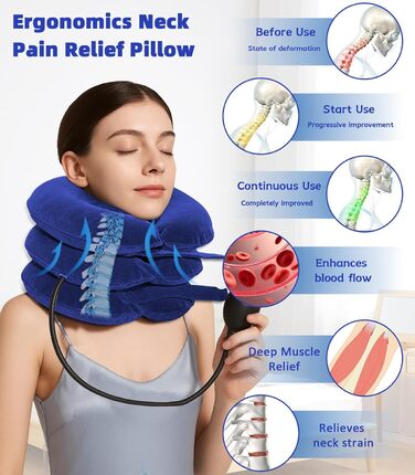 Регульований носильник для шиї надувна подушка для шиї з маскою для сну, підтримка шиї для шийного відділу хребта та полегшення болю в шиї для подорожей, роботи та кемпінгу (синій) Синій 1