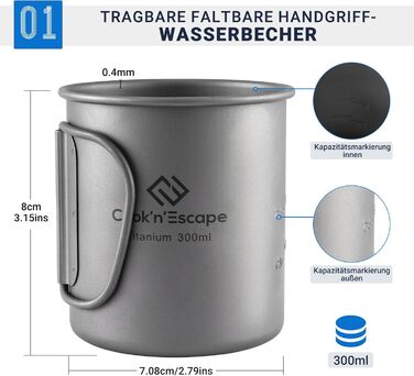 Титанова чашка COOK&39N&39ESCAPE 300 мл для кемпінгу, кухоль з відкритим вогнем, кухонне обладнання зі складними ручками для пікніка, походів на свіжому повітрі