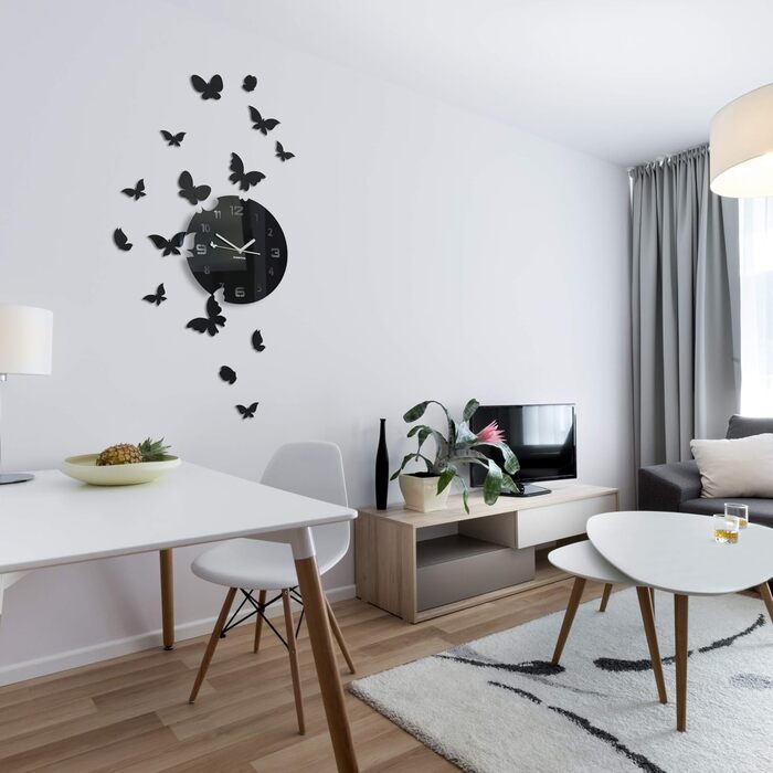 Сучасний настінний годинник FLEXISTYLE Метелики, круглий, 30 см, комплект із 15 метеликів, для вітальні, спальні, дитячої кімнати, вироблено в ЄС (чорний)