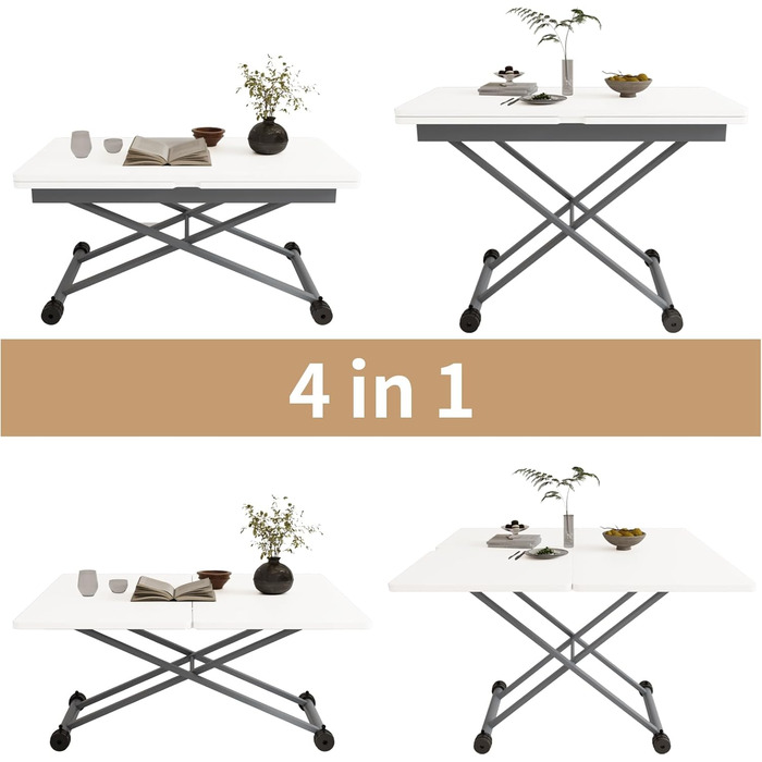 Журнальний столик VOWNER з регульованою висотою, розсувний обідній стіл 3-в-1, що економить місце, для їдальні, поворотний, трансформується у вітальню, обідній стіл, вітальню та багато іншого (білий з деревним малюнком)