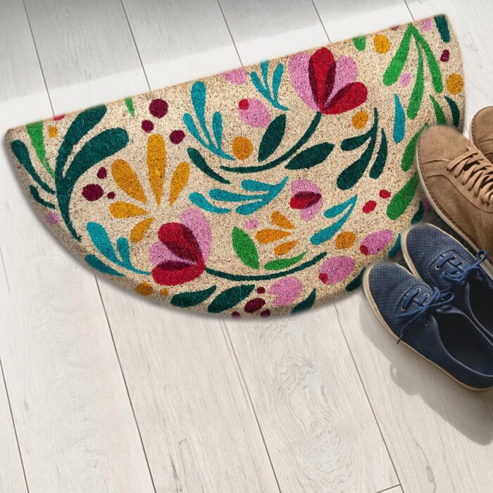 Напівкруглий кокосовий килимок для дверей - Флора - 40x70 см - Килимок для дверей для приміщень та вулиці - Килимок для передніх дверей - Килимок для вулиці - Килимки для дверей - Килимок для дверей з кокосового волокна