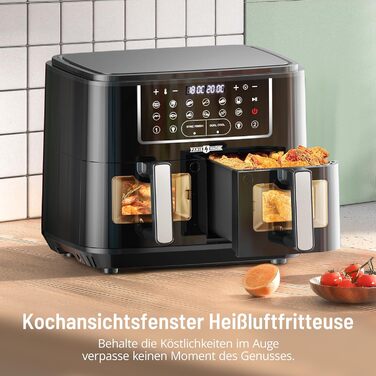 Фритюрниця PARIS RHNE 9.5 л, фритюрниця XXL двокамерна з оглядовим вікном, фритюрниця 12-в-1, смаження гарячим повітрям без олії, безпечна посудомийна машина, аерофритюрниця енергозберігаюча 9.5 л чорна