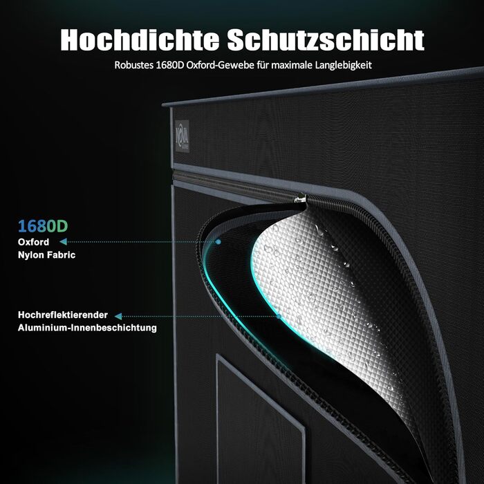 См, Гроубокс з міцним та водонепроникним зовнішнім шаром 1680D, високовідбиваюче алюмінієве внутрішнє покриття, Гроутент з великим оглядовим вікном та піддоном, A06 (Чорний) 60 см (Ш) x 60 см (Г) x 180 см (В), 60x60x180