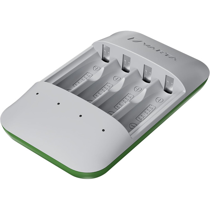 Зарядний пристрій VARTA, вкл. 4 батарейки AA 2100 мАг, зарядний пристрій для акумуляторних батарейок AA/AAA, Eco Charger Pro, зарядка в окремі слоти, корпус виготовлений з 75 переробленого матеріалу Eco Charger Pro 4 батарейки AA