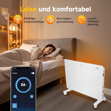 Електричний скляний конвекторний обігрівач Aigostar з пультом дистанційного керування для кімнат площею приблизно 30 м, радіатор з термостатом, енергозберігаючий ECO, тихий, 24-часовий таймер, окремостоячий/настінний, додаток Wi-Fi, 2000 Вт, чорний, білий