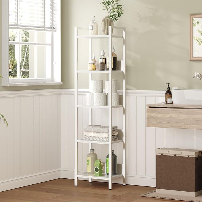 Книжкова полиця, окремостояча книжкова полиця, з 5 полицями, 24 x 33 x 131 см, відкриті полиці для вітальні, спальні, офісу, з металевим каркасом, біла ABKBW5501N1 Білий 33 x 24 x 131 см (Д x Ш x В)