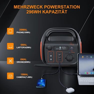 Портативна зарядна станція 296 Втгод 300 Вт з USB-C, AC/DC, вихід 12 В/24 В, сонячна зарядка, світлодіодне освітлення, мобільний акумулятор для кемпінгу, активного відпочинку, надзвичайних ситуацій, сумісна із сонячними панелями