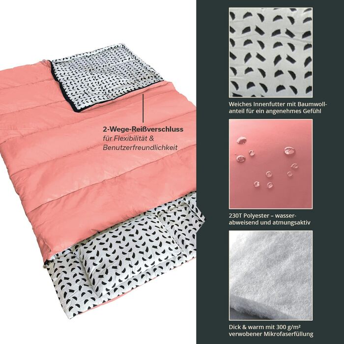 Подвійний спальний мішок Skandika Iceland Спальний мішок для 2 осіб, 3 сезони, з фланеллю/без неї, бавовна, подушка, 220 x 150 см, можна використовувати як одинарний спальний мішок Спальний мішок-ковдра, сімейний спальний мішок, лосось