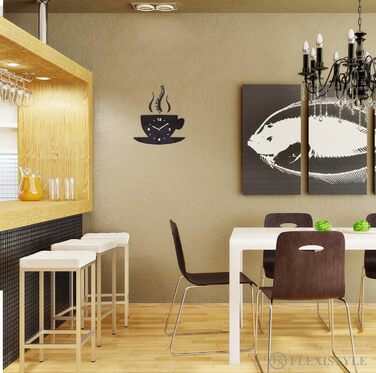 Настінний годинник FLEXISTYLE Tasse Zeit fr Kaffee для сучасної кухні, чорний, 3D римські цифри, декор, 32 x 19 см