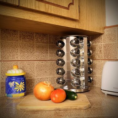 Карусель для спецій, підставка для спецій, що обертається на 360, 20 банок для спецій (порожніх), харчова нержавіюча сталь 430, обертова кухонна підставка для спецій, банки для спецій для струшування, з етикетковим папером та ручкою, 20 порожніх банок