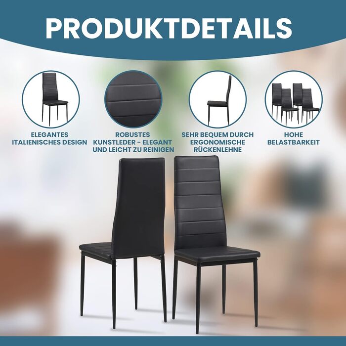 Обідні стільці ALBATROS, комплект з 4 шт. , Milano, чорний - елегантний італійський дизайн, оббивка зі штучної шкіри, зручне м&39яке крісло - протестовано SGS - сучасний кухонний стілець, обідній стілець, чорний, 4 стільці