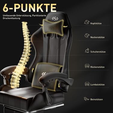 Ігрове крісло, Ергономічне ігрове крісло з пружинними подушками Pocket Spring, Гоночне ігрове крісло з підставкою для ніг, Поперекова підтримка, Регульоване офісне крісло, вантажопідйомність 150 кг, Комп&39ютерне крісло чорного кольору