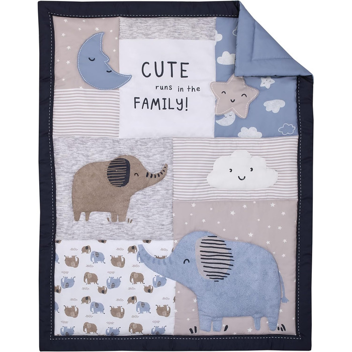 Шамбре, темно-синій, сірий і білий слон, місяць, хмари і зірки, комплект постільної білизни з 3 предметів для дитячого ліжечка, ко