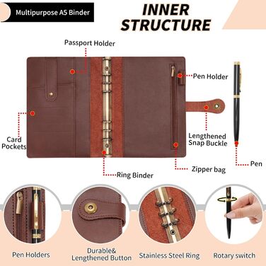 Блокнот Wonderpool з кільцями A5, що заповнюється шкіряним щоденником-органайзером, папка з кишенями, лінований папір, ручка для офісу, школи, ділових поїздок, планування письма (кава, A5) A5 кава