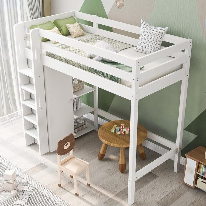 Дитяче ліжко-горище односпальне ліжко 90x200 для дітей, дерев'яне ліжко-будиночок з шафою та 4 полицями для зберігання, каркас ліж