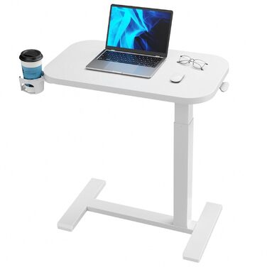 Журнальний столик HUANUO з колесами, регульований по висоті бічний столик зі стільницею 70 x 40 см, мобільний пневматичний невеликий столик для ноутбука з підставкою для чашок для домашнього офісу, білий 70 x 40 см