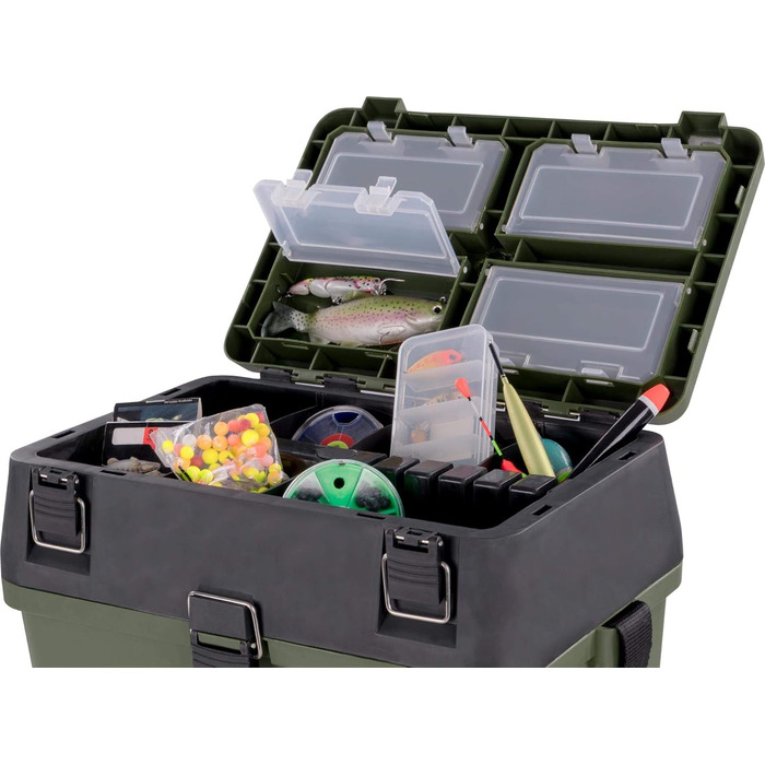 Скринька для рибальських снастей, рибальська сумка, м&39яка скринька для сидіння з функцією сидіння, скринька для снастей з функцією рюкзака та прикріпленими кишенями - включаючи 4 скриньки для рибальських аксесуарів, колір темно-зелений