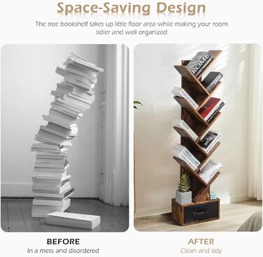 Рівнева книжкова полиця з шухлядою, книжкова полиця/полиця для CD/DVD у формі дерева, окремостояча полиця у формі дерева, перегородка для кімнати/полиця для файлів/полиця для зберігання, дерев&39яна, 38x20x149,5 см, вінтажний коричневий колір, 10-