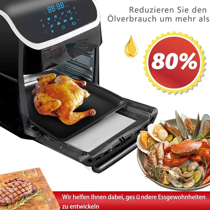 Фритюрниця PRIJESSE 12 л, багатофункціональна фритюрниця з гарячим повітрям, фритюрниця 1800 Вт зі світлодіодним сенсорним екраном, 10 програм, підтримка тепла та функція дегідратора, включаючи брошуру з рецептами та аксесуари 12 л Вертикальний екран