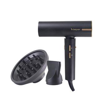 Безщітковий фен BEPER P301ASC010, 1800 Вт, 3 швидкості, 3 температурні режими, LED-індикатор температури, функція самоочищення сітки, чорний, з аксесуарами