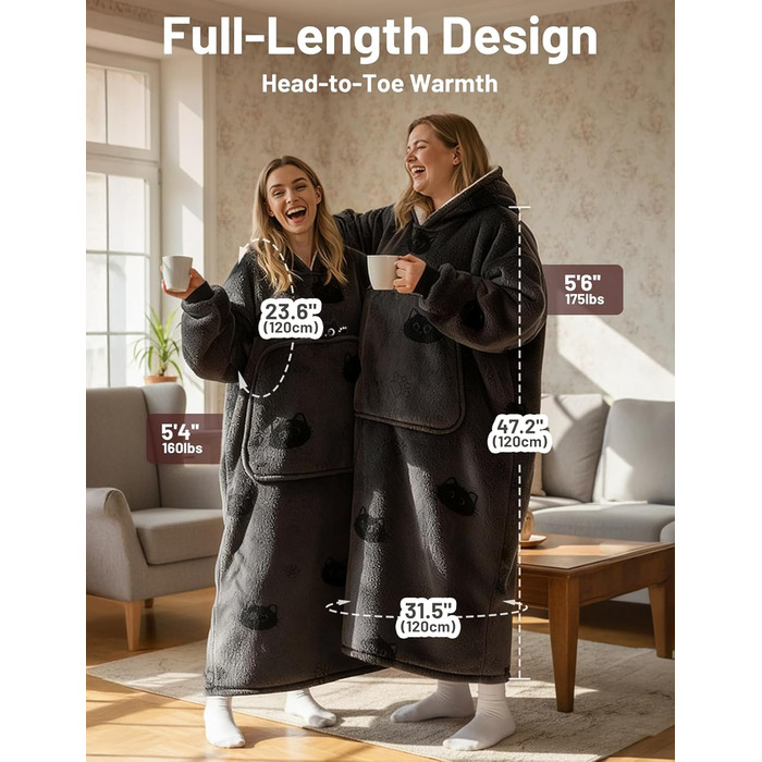 Ковдра Mewaii з рукавами, м&39яка фланелева ковдра з худі з шерпи для жінок та чоловіків, ідеально підходить для дому, подорожей та любителів домашніх тварин, світло-чорна