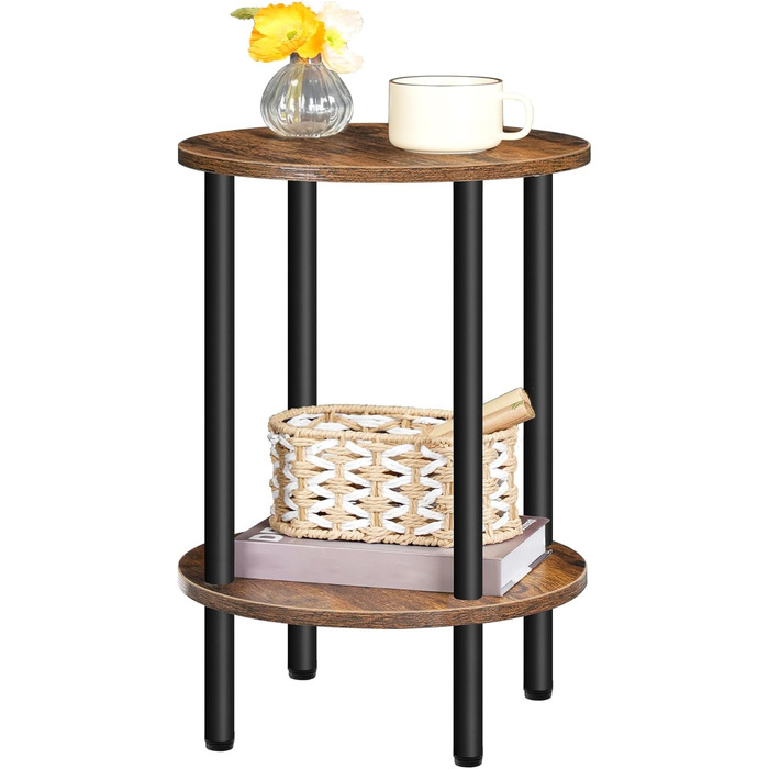 Круглий приставний столик, журнальний столик з 2 полицями, невелика тумбочка біля ліжка, журнальний столик в індустріальному стилі, для вітальні, спальні, вінтажний коричневий та чорний DTBZ01BF Вінтажний коричневий чорний 1
