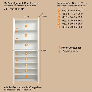 Багатофункціональна шафа - Біла - Шафа з 4 дверцятами, 6 полицями та 1 вішалкою для одягу - (Ш x В x Г) 74 x 191 x 34 см - дверцята без ручок