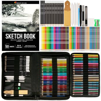 Професійний набір олівців для малювання Zenacolor із 74 предметів, пенал з 24 акварельними олівцями, 12 кольоровими олівцями, 12 металевими олівцями, 12 графітовими олівцями та аксесуарами - 1 альбом для малювання