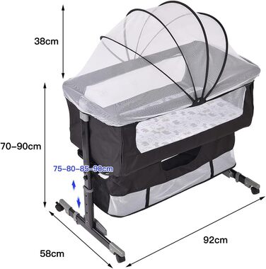 Дитяча колиска LANTUS, люлька, дорожнє ліжечко, складне дитяче ліжечко, бічне ліжко, колиска-гойдалка з функцією гойдання, включаючи москітну сітку, матрац та сумку (92 * 58 * 70-90 см (чорна))