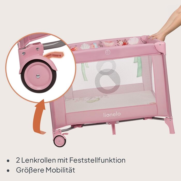 Дитячий манеж та дорожнє ліжечко LIONELO Mille Plus 2-в-1 100x100 см з матрацом та 3D-чохлом для немовлят, вагою до 15 кг (0-36 місяців), бічний вхід на блискавці, 2 колеса з гальмами, складний, сумка для перенесення рожевого кольору