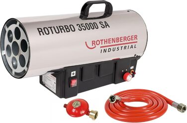 Промисловий газовий обігрівач/нагрівальна гармата Rothenberger з п&39єзоелементом, шлангом, регулятором, захистом від розриву шланга RoTurbo 35000SA 1000C Регульований Включає Bluetooth-динамік, час роботи до 30 годин RoTurbo 35000 з регульованою функцією
