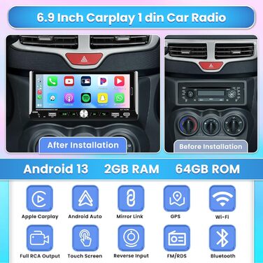 Автомобільне радіо Hikity DAB/DAB з навігацією 1Din з бездротовим Carplay Android Auto, Android 13 6,9-дюймовий сенсорний екран Din 1 Radio з GPS WiFi Bluetooth Mirror Link FM AUX TF USB SWC Камера заднього виду, 2G64G
