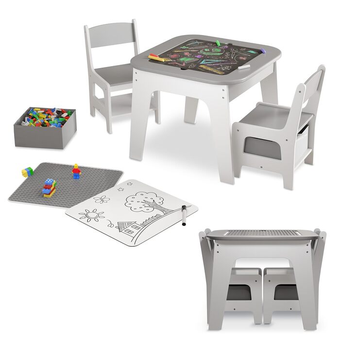 Дитячий комплект сидіння Juskys Milou - Комплект з 2 стільцями та 1 столом - Дерев&39яний дитячий стіл - Ігровий стіл з місцем для зберігання - Комплект сидіння для дітей, Художній стіл - Сірий