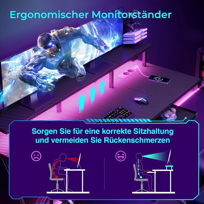 Ігровий стіл SEVEN WARRIOR зі світлодіодним освітленням та розетками, ігровий стіл з підставкою для монітора, комп&39ютерний стіл з 2 гачками, ідеально підходить для кабінету, спальні, вітальні, 100 x 47 x 87 см