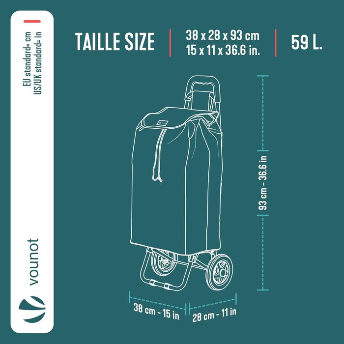 Складний візок для покупок 59л, 2-в-1 візок-сумка на 2 колесах, Знімна сумка, Кишеня на блискавці, Гачок для подолання сходинок, Сірий