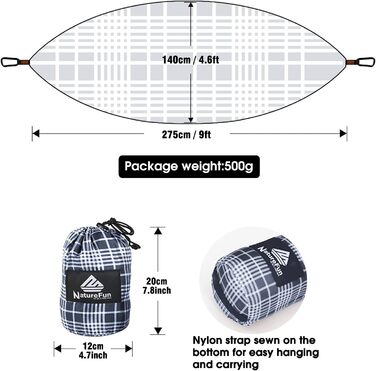 Туристичний кемпінг-гамак NATUREFUN 275 x 140 см преміум-класу максимальна вантажопідйомність до  300 кг дихаючий, швидковисихаючий з парашутного нейлону з 2 карабінами  сірий