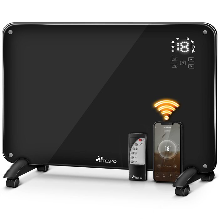 Конвекторний обігрівач TRESKO зі скляним додатком 2000 Вт, WiFi Електричний обігрівач з пультом дистанційного керування Конвекторний радіатор із сенсорним РК-дисплеєм Електричний радіатор, окремостоячий або настінний, чорний