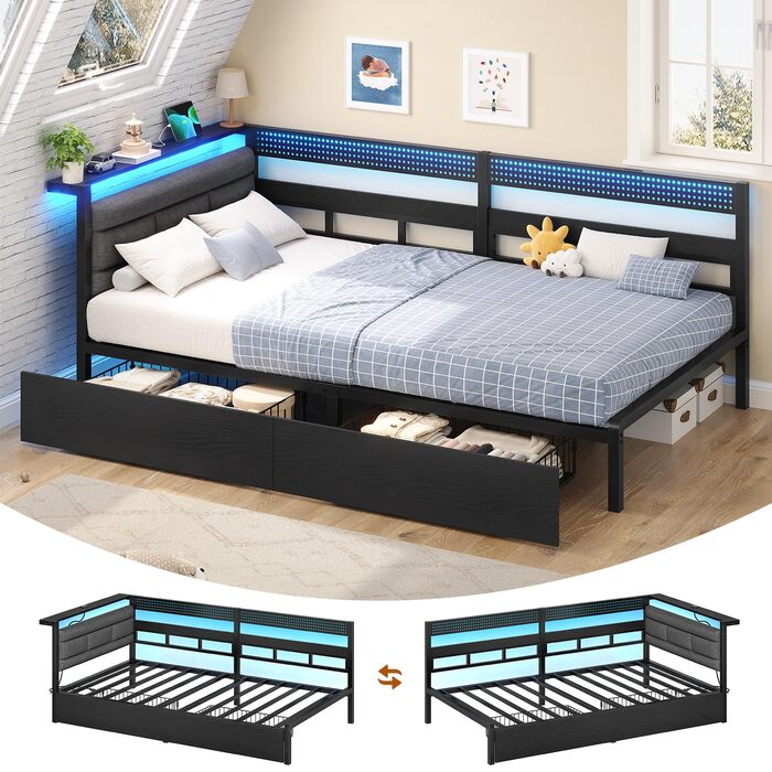 М&39який диван-ліжко 90x200 зі світлодіодним освітленням, зарядною станцією, кушеткою, дитячим ліжком з 2 шухлядами та металевим рейковим каркасом, м&39яким узголів&39ям з відкритим місцем для зберігання, чорний 90 x 200 см