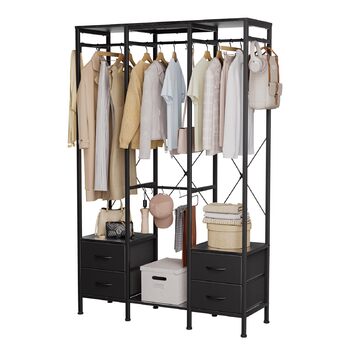 Відкрита шафа, вішалка для одягу, вішалка для пальто з 4 шухлядами, міцна вішалка для одягу, для спальні, вітальні, передпокою, чорна