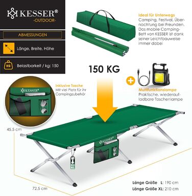 Кемпінгове ліжко KESSER, розкладне ліжко, включаючи сумку для перенесення, туристичний ліхтарик та бічну кишеню, розміром 190 см або 210 см. Міцне похідне ліжко, вантажопідйомність 150 кг, металева труба, тканина Оксфорд 600D, портативне, зручне дорожнє л