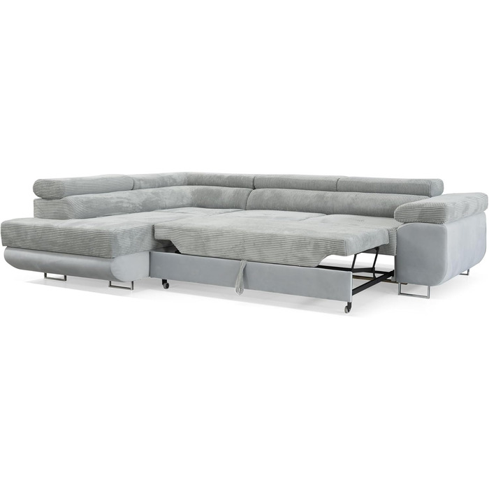 Кутовий диван Маямі з функцією сну та місцем для зберігання, кутовий диван для вітальні, кутовий диван з місцем для зберігання, L-подібний кутовий диван з функцією сну, L-подібний диван (сірий, шезлонг ліворуч), сірий шезлонг ліворуч