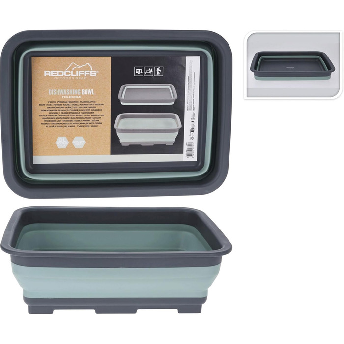 Миска для миття посуду Redcliffs 37x27x12 см 8 л Пластикова складна прямокутна - Складана миска для кемпінгу - Компактна миска - Кемпінгова миска - Сіро-зелена