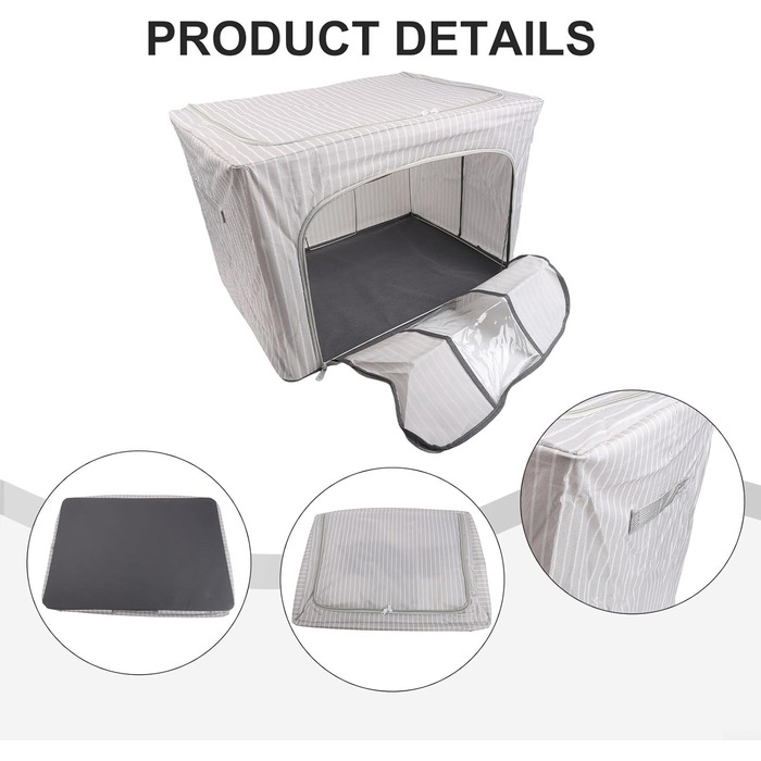 Складаний ящик для зберігання з вологостійкої тканини Оксфорд та сталевого каркасу, подвійною блискавкою зверху та прозорою передньою частиною для зручного зберігання та легкого доступу (66 л синього кольору, 66 л синього кольору в смужку)