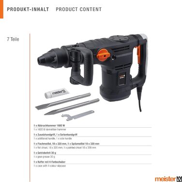 Відбійний молоток Meister 1600 Вт, MAH1600-1 - патрон SDS-Max - енергія удару 25 Дж - антивібраційна рукоятка - з плоским та гострим зубилом/відбійним зубилом у кейсі/зубило/молоток / 5453050 MAH1600-1 1600 Вт